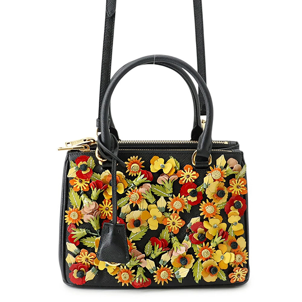 Prada Galleria Flower Saffiano 2way Shoulder Bag Black